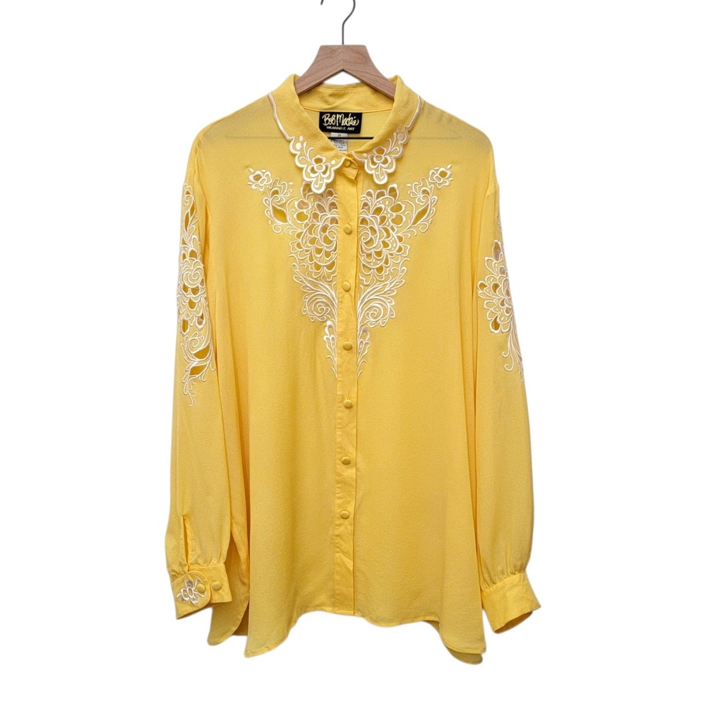 Vtg Bob Mackie Wearable Art Womens 3X Yellow Silk Embroidered Floral Blouse